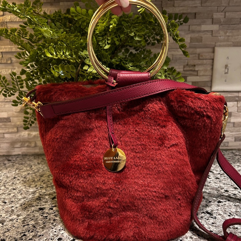 Rare Burberry blue label Red Faux Fur Bag with Gold Accents